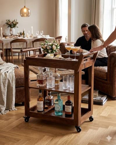 Image of Solid Wood 3-Tier Rolling Bar Cart | Mobile Kitchen Island & Serving Trolley with Removable Top Tray & Integrated Bottle Holder Wine Serving Trolley| Brown Finish