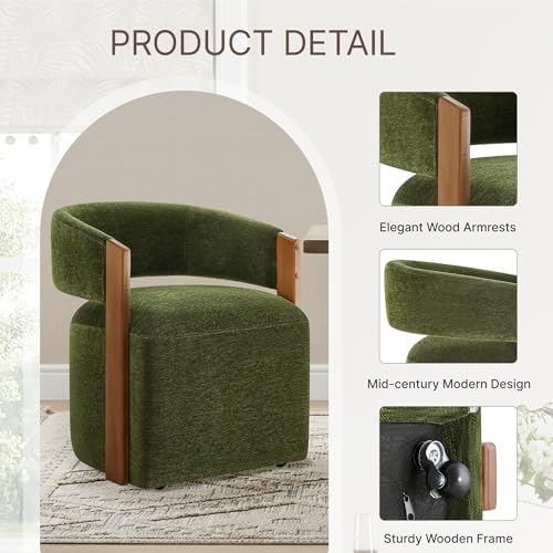 Image of KISLOT Upholstered Dining Chairs with Casters, Modern Barrel Side Armchair with Rollers & Wooden Armrest for Dining Room, Bedroom, Kitchen, Reading Room, Green, Set of 2