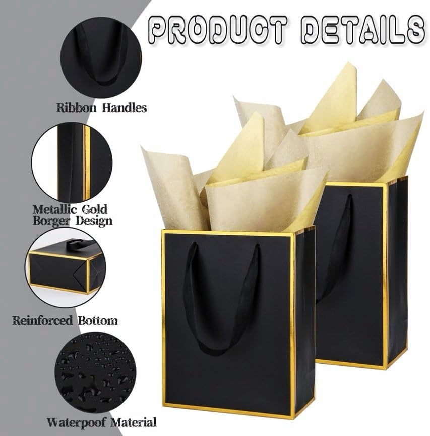 UoeRing 25 Pack Thank You Gift Bags with Handles 9.5x7.5x3.75 inch Gift Bags Medium Size Gift Bag with Tissue Paper and Card for Wedding Birthday Bridesmaid Holidays Mother's Day (Black Gold) - Image 4