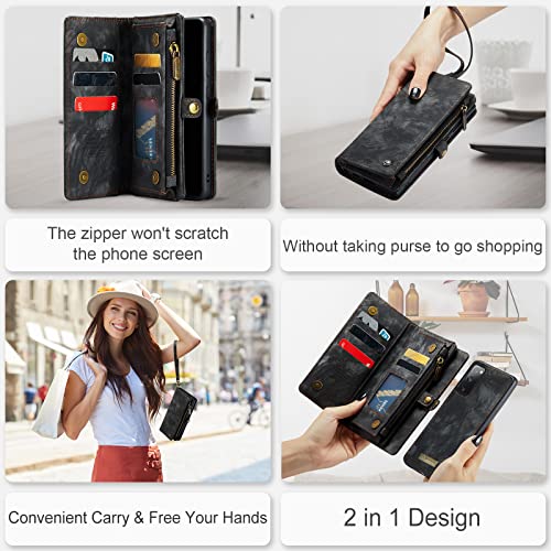 Arlgseln Case for Galaxy S20 FE, Genuine Leather Wallet Detachable Magnetic Cell Phone Cover Zipper Purse RFID Blocking Card Slot Holster for Samsung Galaxy S20 FE 2020 6.5 inch (Black, S20 FE)