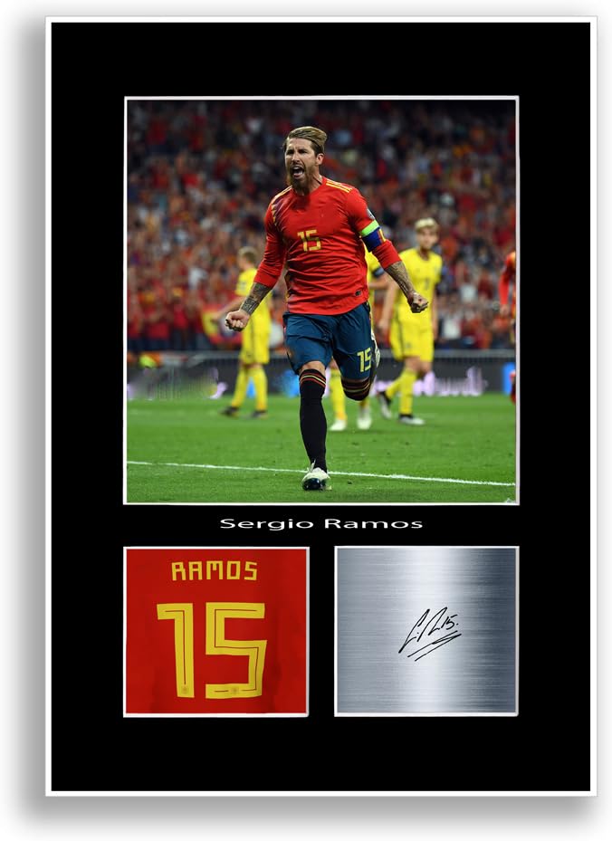 LJW Prints Poster photo avec autographe de joueur de football de Sergio Ramos pour les fans et supporters d'Espagne