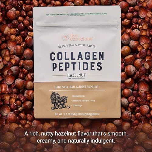 Image of Live Conscious Collagen Peptides Powder - Hazelnut Collagen Powder - Hair, Skin, Nail, & Joint Support - Type I & III Grass-Fed Collagen Supplements for Women and Men - 30 Servings (2-Pack) - 12.4oz
