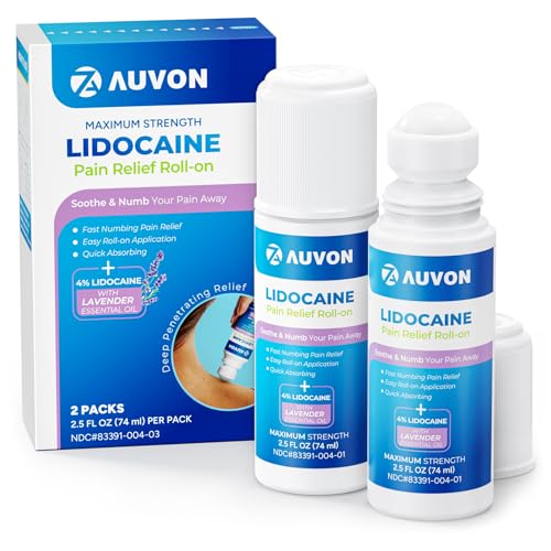 AUVON Max Strength Lidocaine Pain Relief Roll-On with Lavender Essential Oil No Mess Applicator Quick Absorbing to Numb & Soothe Pain Relief for Knees Shoulders 2.5 Oz 2 Packs