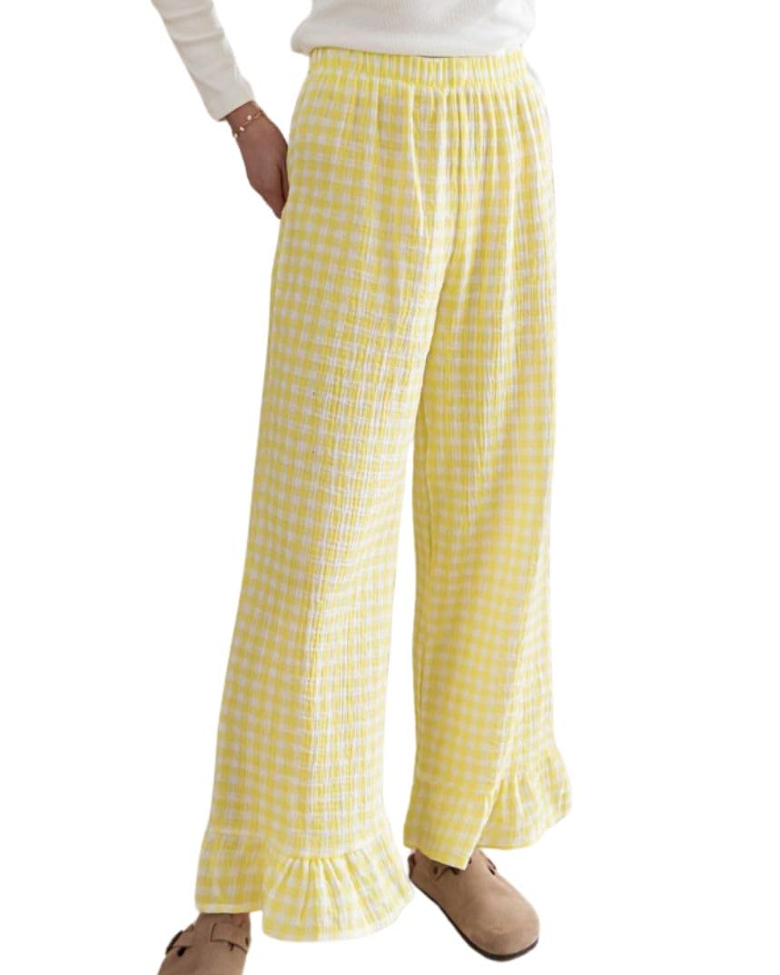 Womens Gingham Pants Wide Leg Lounge Pants Y2k Plaid Print Ruffle Hem Loose Trouser