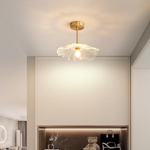 Kariosid Semi Flush Mount Ceiling Light Fixture,Modern Flower Glass Ceiling Lights,Vintage Gold Brass Close to Ceiling Light for Entrywayr,Hallway,Courtyard,Showroom
