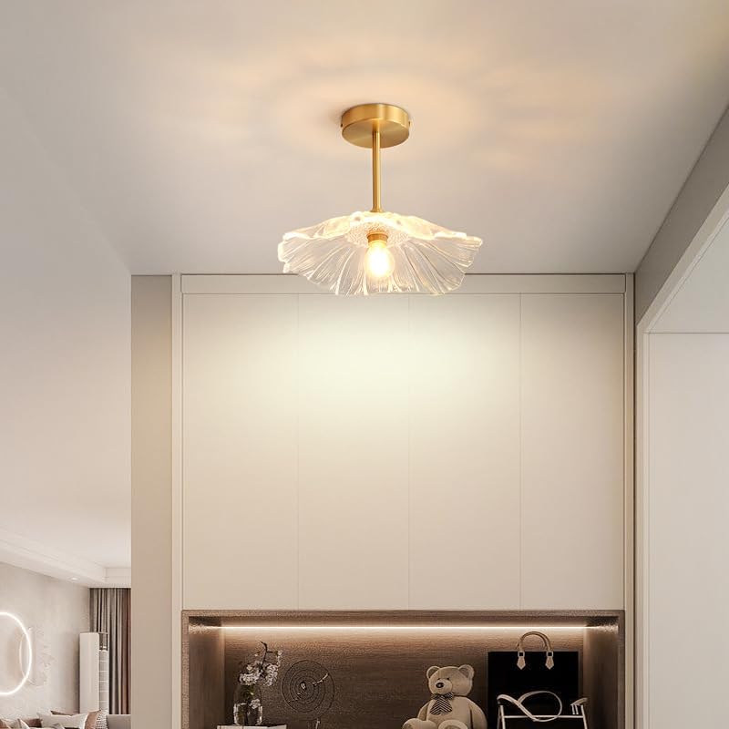 Kariosid Semi Flush Mount Ceiling Light Fixture,Modern Flower Glass Ceiling Lights,Vintage Gold Brass Close to Ceiling Light for Entrywayr,Hallway,Courtyard,Showroom