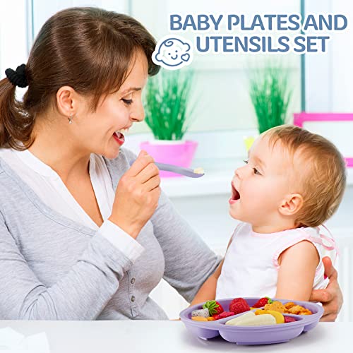 Potchen 6 Pack Baby Suction Plate With Self Feeding Spoon Fork Toddler Divided Plates And Utensils Set For Boys Girls (Gray, Green, Blue, Beige, Khaki, Purple) #TOP6
