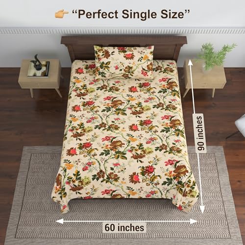 Image of Mafatlal Saanjh144 TC Cotton Bedsheet for Single Bed 90x60 Inch | Soft Airflow Fabric | Printed Bedroom Linen | Durable Smooth Finish | Hand Crafted | Pillowcase Included | Bright Beige