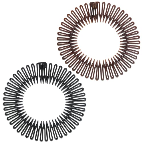 Jaasuee Womens Classic Nylon Flexible Comb Headband with Tooth for All Hair Types Stylish and Easy-to-Use (Brown+Black)