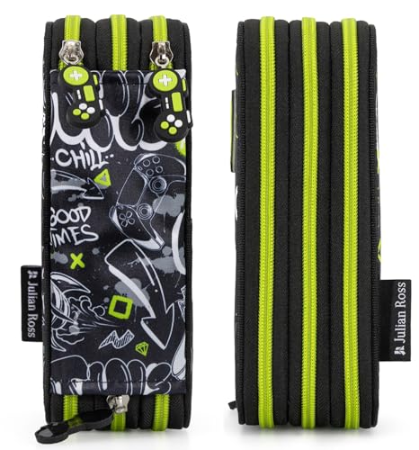 Julian Ross 3-Fach Federmäppchen – 45-teilig, komplett gefüllt – mit 2 löschbaren Gelstiften, Schere, Kleber, Buntstiften – Schwarz und Grün – ideal für Schule & als Geschenk, Gamer