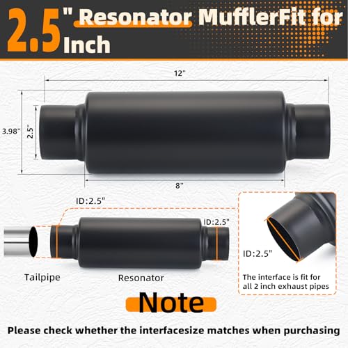 Image of A-KARCK 2.5 inch Inlet Exhaust Resonator, 2.5 inch Inlet 2.5 inch Outlet 12 inch Overall Length Muffler Resonator Stainless Steel,Polished(Black)