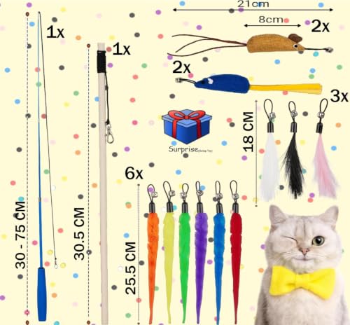Katzenspielzeug Set 15-teilig – Katzenangel mit Feder- & Mäuseköpfen – Verstellbare Angel für interaktiven Spielspaß & Selbstbeschäftigung – Bild 3