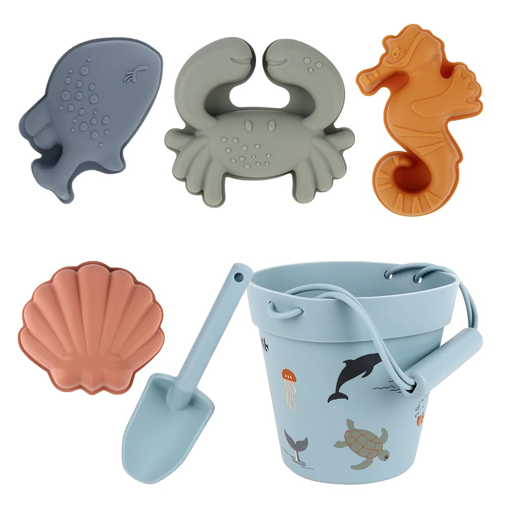 Lotvic Juguetes de Playa para Niños, 6 Piezas Juguetes Playa Silicona con Bolsa Malla, Palas, Cubo de Arena y Moldes de Arena, Juegos Playa Bebe, para Bebe 2 3 4 5 Años Niños Niñas