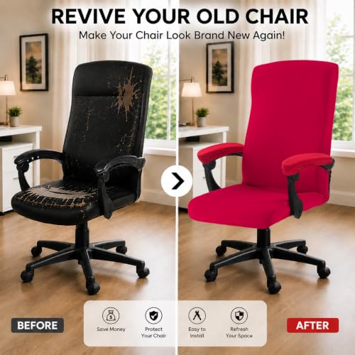 Image of Stretch Computer Office Chair Cover with Armrest Covers Durable Zipper Universal Washable Removable Spandex Rotating Boss Chair Slipcovers Anti-dust Soft Desk Chair Seat Protector, Red
