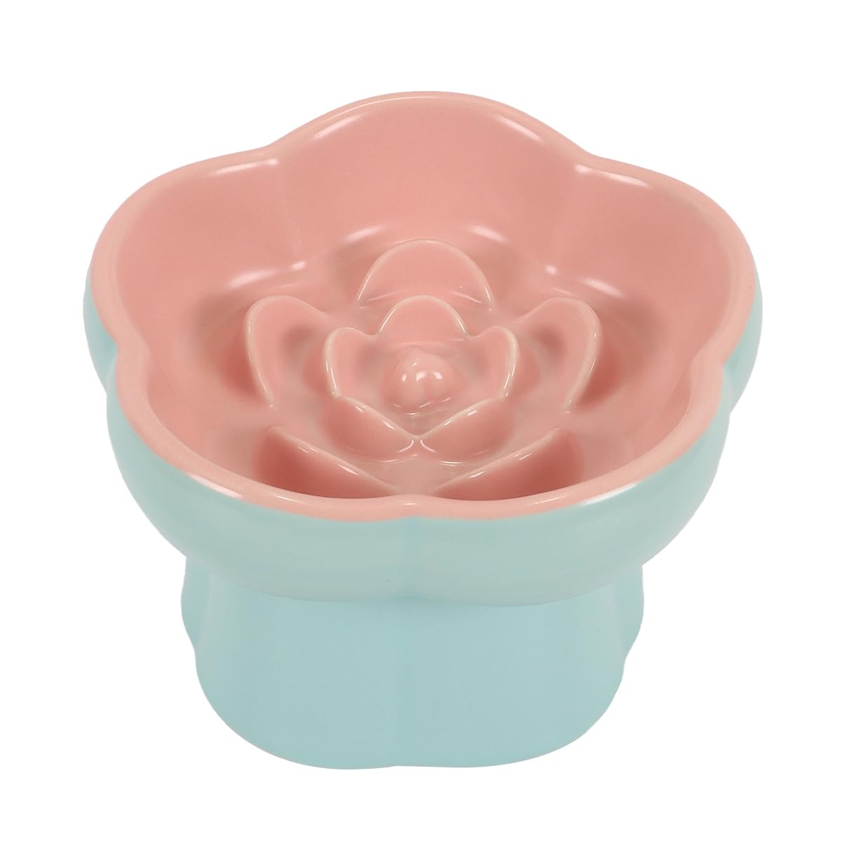 Podwyższona miska dla kota z powolnym posuwem, ceramiczna podwyższona miska ze szkła z tytułem, urocza kuweta w kształcie kwiatu na suchą i mokrą karmę, różowo-niebieska