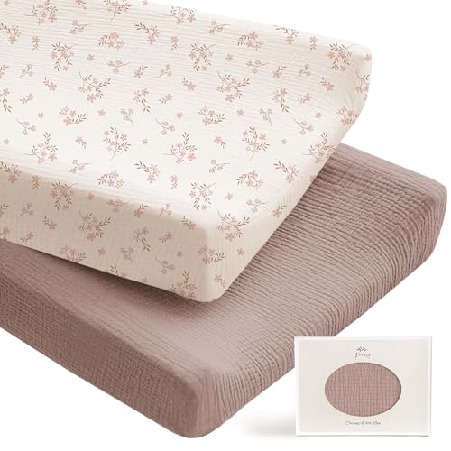 Image of Konssy 2 Pack Muslin Changing Pad Covers for Boys, Ultra Soft & Breathable Cotton Baby Diaper Changing Table Covers, Neutral Nursery Diaper Changing Pad Sheets (Soft Blooms,Taupe)