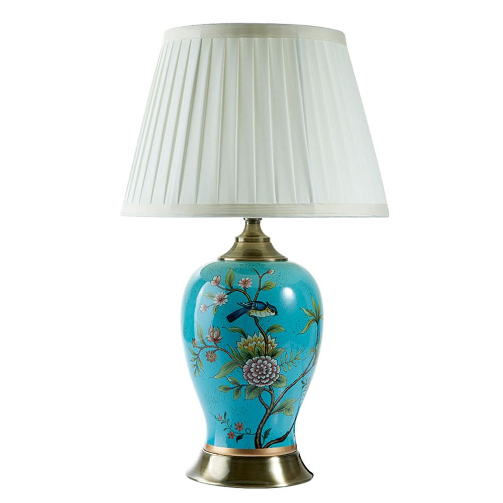 SGKOMN 22.8”American Flower And Bird Ceramic Table Lamp, Hand-Painted Chinoiserie Lamp, Fabric Lampshade Nightstand Lamp For Bedroom Living Room Office College Bookcase-D
