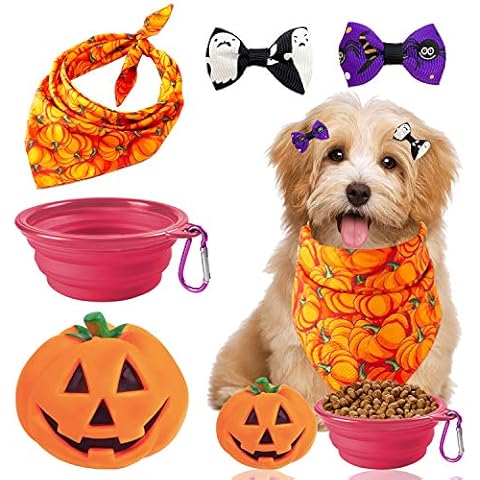 Rocutus Halloween Pet Bowl Pet Hair Tie Pet Bow Tie Pet Pumpkin Toy Set,Cute Bow Tie Silicone Collapsible Dog Bowls Hair Bows Cute Pumpkin Squeeze Toys for Halloween's Day Pet Grooming and Gift Cover