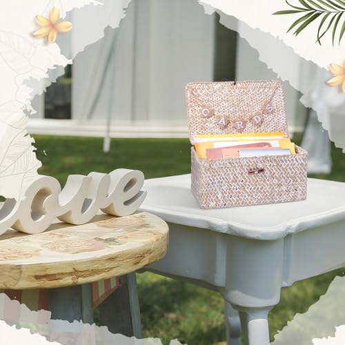 Image of Geelin Sea Grass Wedding Card Basket With Letter Flag Decorative Wedding Card Woven Post Box Suitable For Baby Showers Birthdays Graduation Ceremonies Bridal Showers(11 Inch,White)