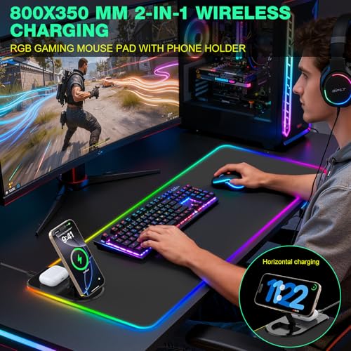 GIM RGB Gaming Mauspad 15W Qi Mousepad LED 800x350x4mm 10 Beleuchtungsmodi mit 10W Schnellladung Qi Kabelloses Laden für I-Phone 13/13 Pro Handy, Kopfhörer, Wasserdicht, rutschfest (Schwarz-Ständer) - Verwendungsansicht 7 | TV | Video | Foto
