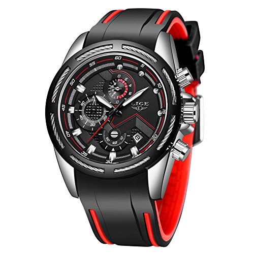 LIGE Men's Watch Fashion Black Silicone Waterproof Sport Analog Quartz Chronograph Male Watch Leisure Unique Large Dial Military Wristwatch