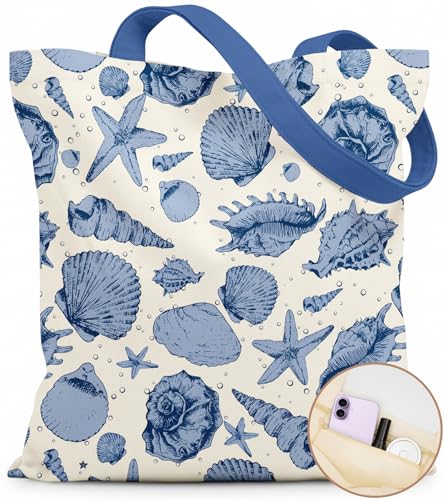 Puresora Canvas Tote Bag for Women – Aesthetic Canvas Bag with Zipper Cute Stylish Reusable Shoulder Totes for Shopping Work Daily, Sea Stars
