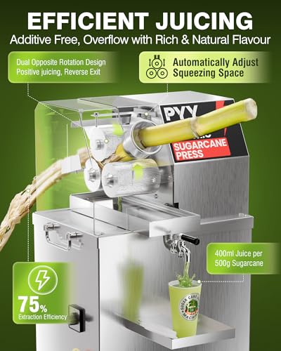PYY Sugar Cane Juicer Machine - Commercial Electric 3-Rollers Sugarcane Juice Press Stainless Steel Extractor, Guarapera de Caña de Azúcar Eléctrica with 4 Wheels, Cleaning Brush, 2 Peelers