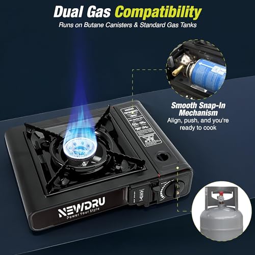 Image of NEWDRU Portable Butane Gas Stove with 4 Butane Gas Cans Combo | FlameGuard Pro Camping Stove with Adjustable Flame & Safety Lock | MSF-1a Refill Gas Cartridge | Outdoor Cooking, Camping & Travel