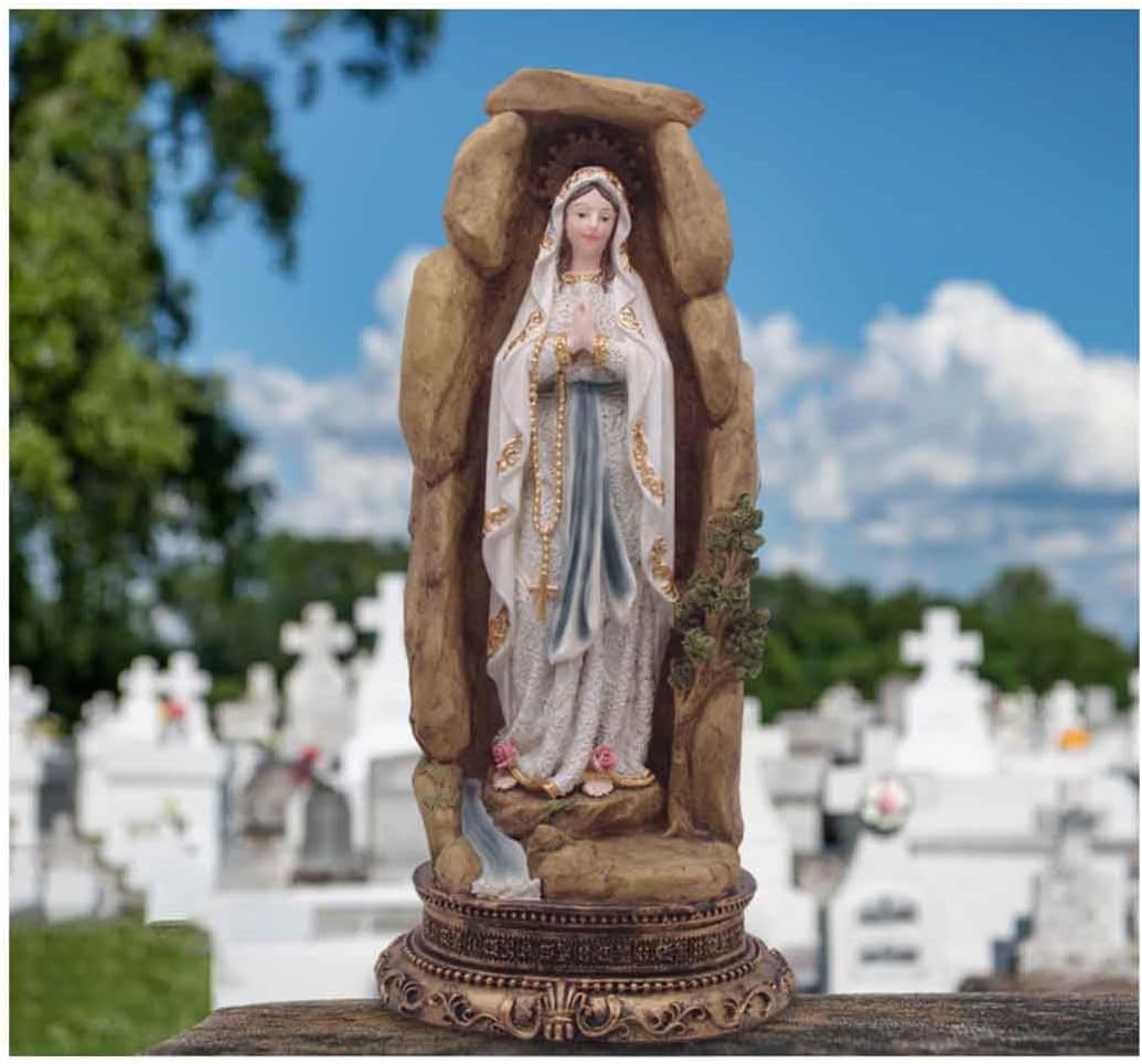 MeritMode Virgin Mary Collectible Figurines - Our Lady of Lourdes in Grotto Design, Handcrafted Resin Religious Gifts Decor for All Faiths, 12.5" H