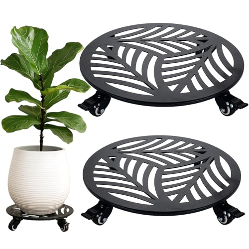 2 Packs Extra-large Metal Plant Caddy with Wheels 17 inches Heavy-Duty Iron Rolling Plant Stand with Casters Indoor Outdoor Wheeled Plant Roller Base Pot Movers Plant Dolly Coaster Trolley Black