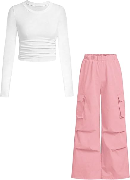 Girls Clothes 2 Piece Outfit Ribbed T-Shirt Top + Cargo Pants, Girls Fall Clothing Set, Sizes 5-16 Years