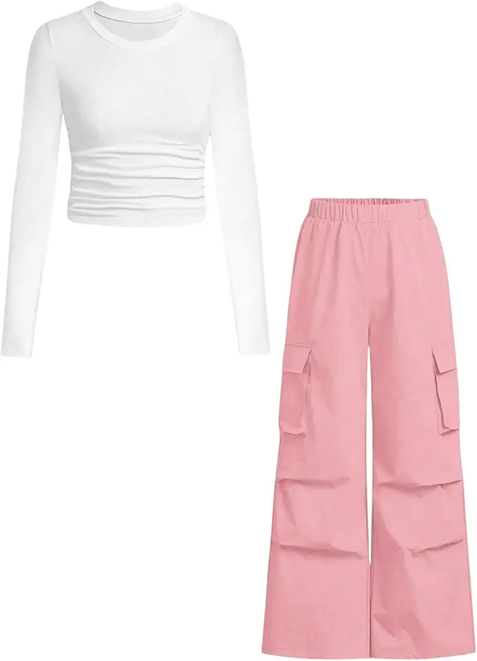 Azmxynol Tween Girls Clothes 2 Piece Long Sleeve Top + Cargo Pants, Teen Girls Fall Clothing Set, Sizes 5-15 Years