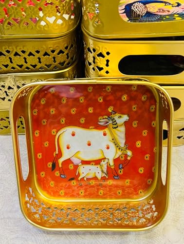 Image of Pichwai Metal 6 Inch Decorative Square Serving Traditional Art Print Tray for Return Gifts, Home Decor, Wedding, Diwali Festive Pooja & Dry Fruit Gifting (Multi Color, 6 inch)
