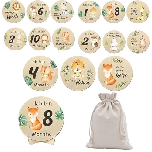 BMYUK Holz Meilensteinkarten Baby mit farbigen Tierchen Bedruckt 15 Meilensteine auf edlen Holzscheiben Geschenkideen für werdende Mütter Meilensteinkarten Schwangerschaft