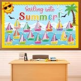 gisgfim 3D Sailing into Summer Classroom Bulletin Board Decorations Set Hawaii Beach Paper Cutouts Sailboats Bulletin Board Decor for Tropical Hawaiian Back to School Nursery Door Chalkboard Wall