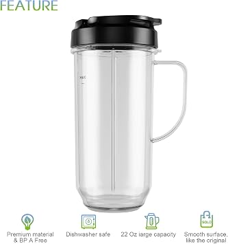 5-piece Magic Bullet Blender Cups, Tall 22oz Cup with Flip-Top To-Go Lid, Cross Blade, Blender Replacement Parts, Mug with Handle Compatible with Magic Bullet 250w MB1001