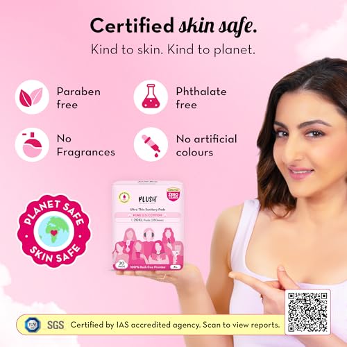 Image of Plush Ultra-Thin Extra Large Sanitary Napkins for Women, 20 Pcs | For Light-Medium Flow | 100% Rash-Free | Pure U.S. Cotton XL Sanitary Pads | No Fragrance | No Toxic-Chemicals