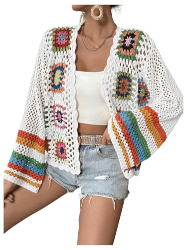 Image of SHENHE Women's Floral Crochet Cardigan Hollow Out Open Front Long Sleeve Cardigan Sweater