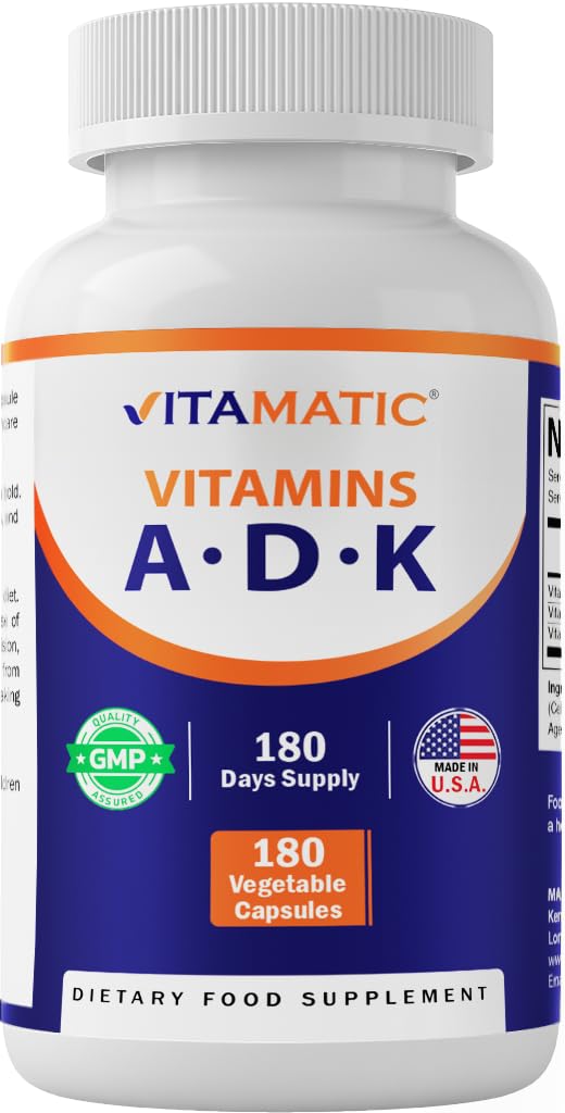 ADK Vitamin Supplement, 180 Veg Capsules, High Potency Vitamins A, D3, K2 for Bone Health, Calcium Absorption, Non-GMO, Gluten Free