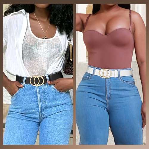 SANSTHS 2 Pack Women Leather Belts Faux Leather Jeans Belt with Double O Ring Buckle Black White M