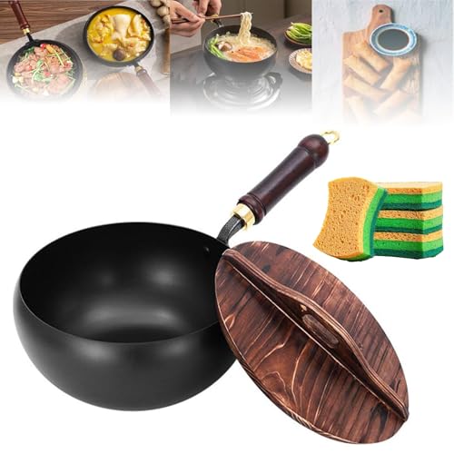 Uncoated Iron Pan,Chinese Boiling Non Stick Skillet General Cooking Induction Cooker Gas Stir Fry Pan Round Bottom Wok,Wok with Lid (24cm Hammer Pattern)