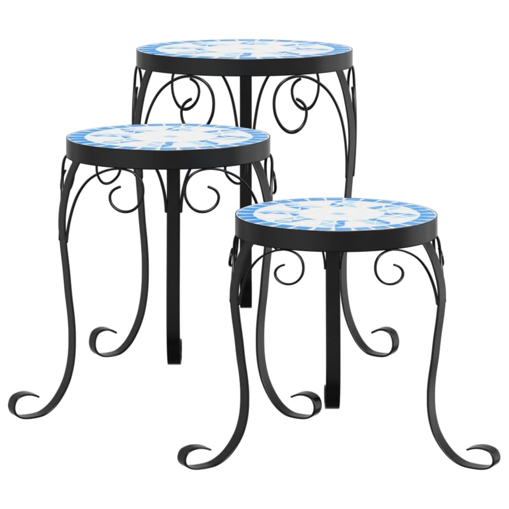vidaXL Supporti per Piante 3 pz Blu e Bianco in Ceramica, Porta Piante, Porta Piante da Esterno, Tavolo Porta Fiori, tavolino a Mosaico