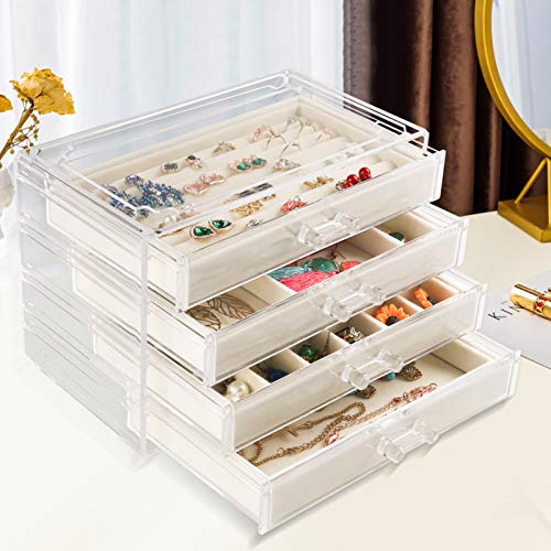 Weiai Acrylic Jewelry Organizer, Clear Jewelry Box With 4 Drawers, Velvet Display Case Storage Earring Rings Necklaces And Bracelets For Women, Girls (Beige) #TOP4
