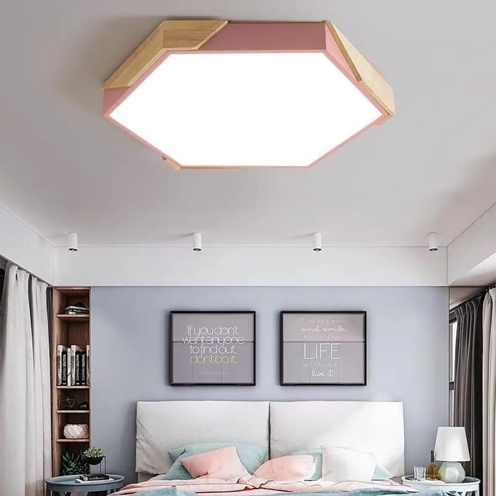 LYMSXAZOU Semi Flush Mount Ceiling Light Dimmable Modern Wood LED White Lamps Geometry Lighting for Bedroom Dining Room Kitchen Laundry Hallway(Pink 24.4in)