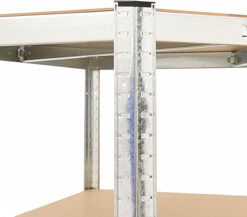 Close-up view of the galvanized steel upright post of the vidaXL shelf, showing the perforations for adjustable shelf placement.