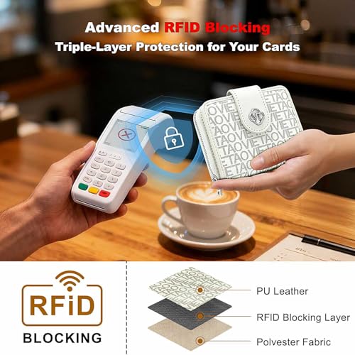 Image of Credit Card Wallets for Women, Leather Cardholder with Zipper Around, Small RFID Ladies Wallet, Accordion Compact Bifold Purse for Travel, 19 Card Slots, ID Window, Cash Organizer - White