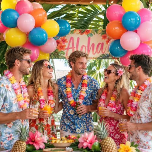 Image of Tropical Balloons, 12 Inch Summer Hawaiian Balloons, Hot Pink Orange Teal Pink Yellow Colorful Latex Balloon Multicolor for Luau Pool Flamingo Aloha Beach Fruit Birthday Back to School Party Decor