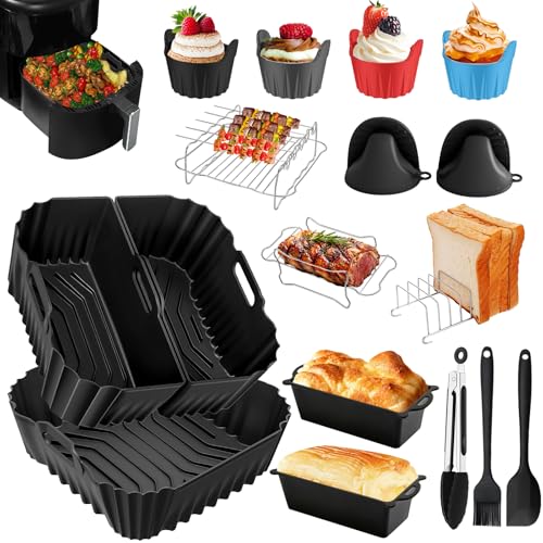 22 Piezas Molde Silicona Accesorios Esenciales para Cecotec Freidora de Aire sin Aceite de 6L Recipientes Cuadrad con Silicona Mini Manoplas Horno, Molde Antiadherente para Pan
