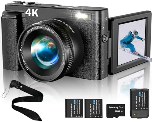 4K Digital Camera for Photography Autofocus 48MP Vlogging Camera with Flash 3” 180°Flip Screen,16X Digital Zoom Anti-Shake Video Camera for YouTube,Compact Camera with 32GB Memory Card, 2 Batteries