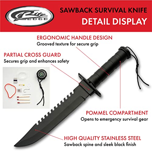 SZCO 14” Black Steel Sawback Knife with Compass, Outdoor Machete with Stainless Steel Blade, Leather Sheath, and Survival Gear for Camping, Hiking, Hunting, and Bushcraft